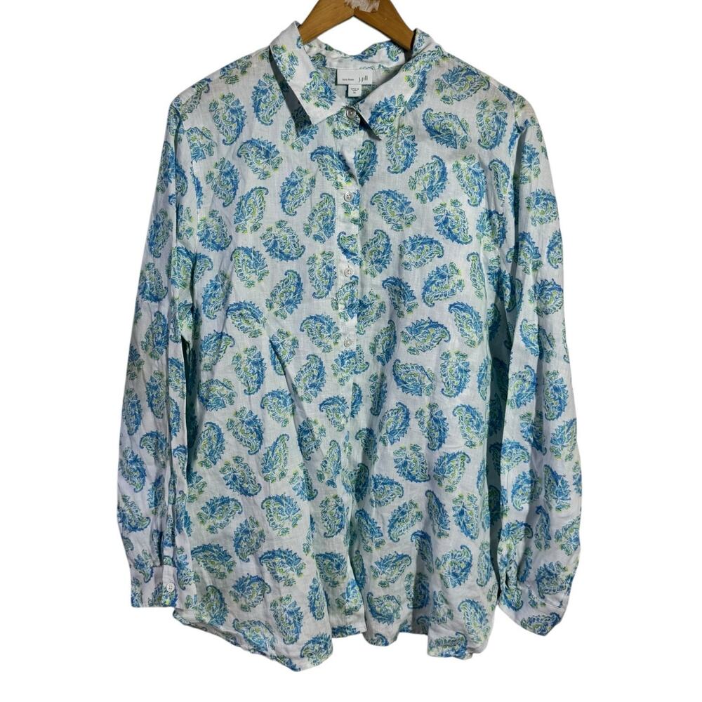 J.Jill Love Linen Coastal Button Up Top Women XL White Blue Paisley Preppy Beach